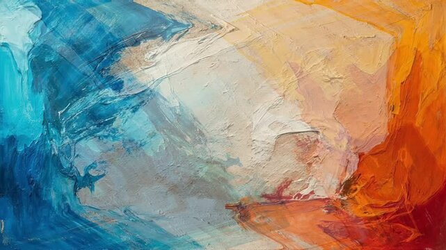 Abstract Color Palette: An eye-catching close-up reveals a vivid painting, blending swathes of blue, orange, and yellow hues. capturing the dynamic interplay of colors in an abstract artwork.
