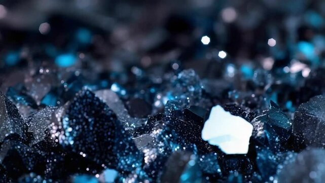 A close-up view of shimmering blue and black crystalline minerals with sharp edges and reflective surfaces.