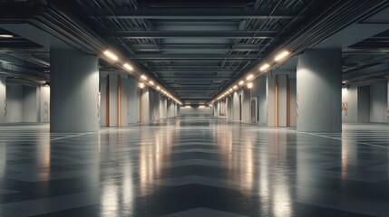 High-quality 3D render of a spacious car parking podium, featuring a sleek and minimalistic design with soft lighting, captured in 8k resolution for a premium look