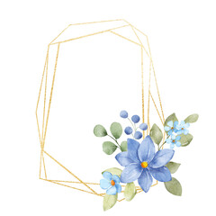 Floral geometric gold frame. Watercolor hand drawing golden border with place for text, with bouquet flowers.	