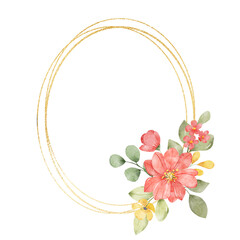 Flowers gold wreath. Watercolor hand drawing floral golden frame with place for text. Isolated on white background.