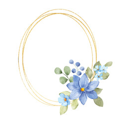 Flowers gold wreath. Watercolor hand drawing floral golden frame with place for text. Isolated on white background.