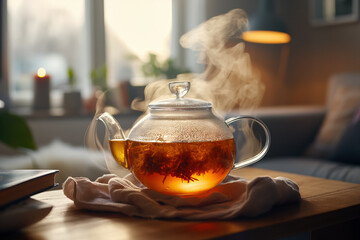 Glass Teapot Brewing Herbal Tea with Swirling Leaves in Cozy Ambient Lighting