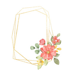 Floral geometric gold frame. Watercolor hand drawing golden border with place for text, with bouquet flowers.	