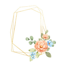 Floral geometric gold frame. Watercolor hand drawing golden border with place for text, with bouquet flowers.	