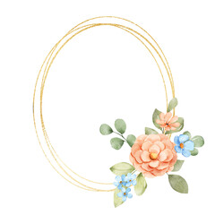 Flowers gold wreath. Watercolor hand drawing floral golden frame with place for text. Isolated on white background.