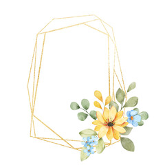Floral geometric gold frame. Watercolor hand drawing golden border with place for text, with bouquet flowers.	