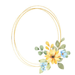 Flowers gold wreath. Watercolor hand drawing floral golden frame with place for text. Isolated on white background.