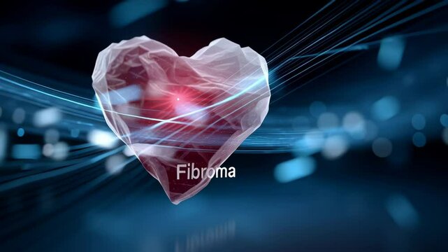 Abstract 3D illustration of a heart shape with a glowing red center, surrounded by dynamic blue light trails, symbolizing health and medical concepts related to fibroma and cardiovascular awareness
