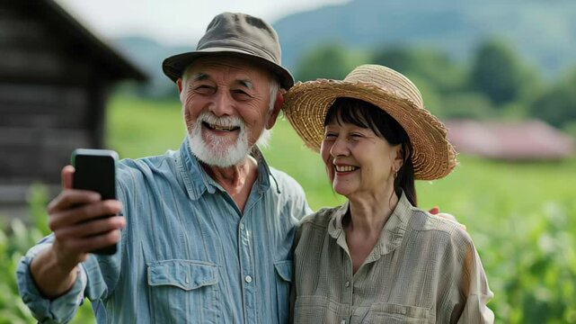 Elderly farmers enjoy a moment taking a selfie in a lush rural setting, Couple of elderly farmers taking picture with smartphone Grandpa suffers from facial paralysis
