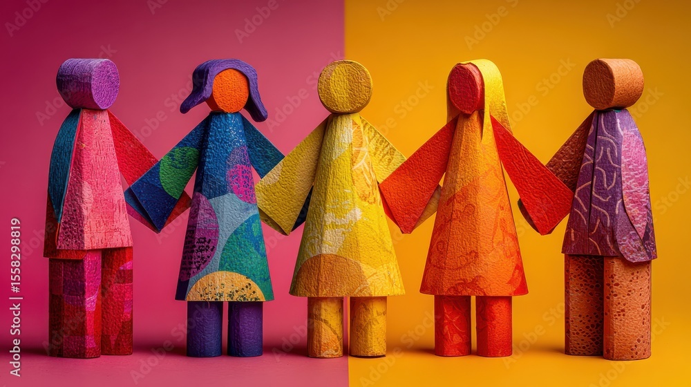 Aufkleber colorful paper figures of different shapes and sizes holding hands symbolizing community and friends