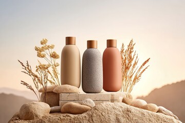 Skincare bottles arranged on stone platform with natural background and soft lighting