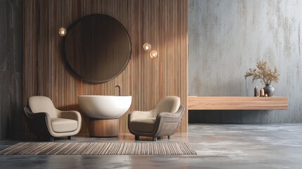 Interior of modern bathroom with wooden walls, concrete floor, comfortable armchairs and round mirror.