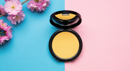Obraz premium A makeup powder compact sits with cherry blossoms on a pink and blue surface