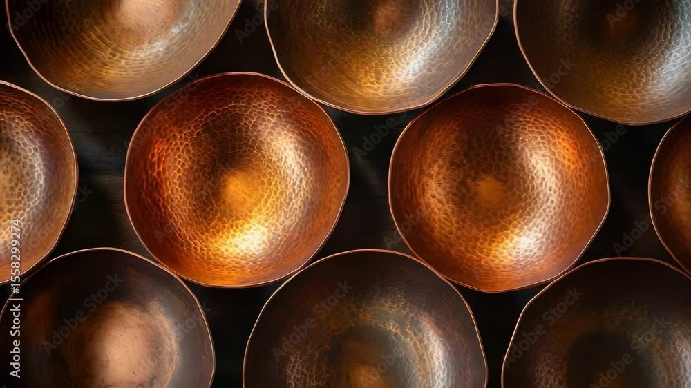 Poster a collection of copper bowls arranged in a circular pattern, showcasing their hammered texture and r