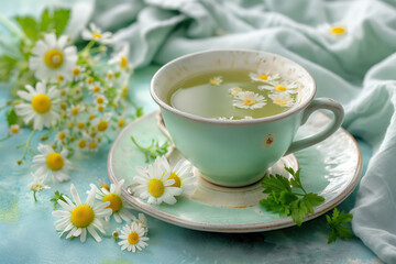 Glass Cup of Chamomile Herbal Tea with Fresh Chamomile Flowers on Wooden Table