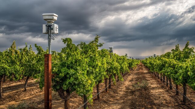 Cutting edge IoT sensors installed in a vineyard continuously monitoring and collecting crucial data on moisture and temperature levels to enable precision driven sustainable agriculture practices