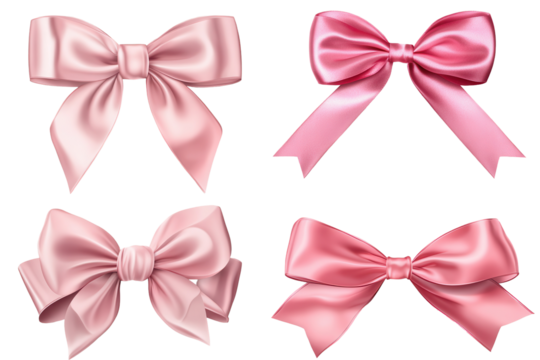 Collection of pink satin ribbon bows displayed against a transparent background showcasing various styles and arrangements for decorative purposes
