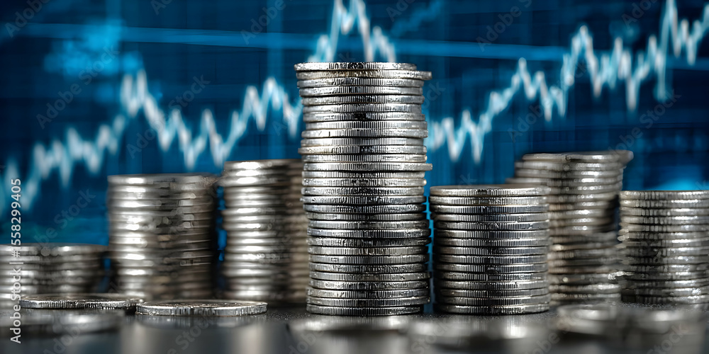 Poster a close-up of stacked coins representing financial growth and investment. the background features a 
