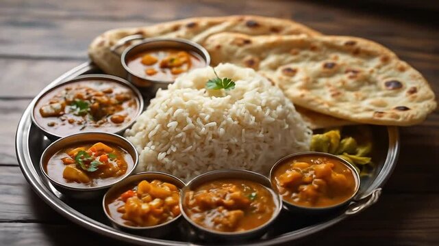 Traditional Indian thali with naan, curries, rice, and vibrant pickles