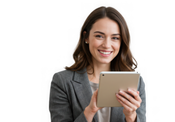 Smiling woman holding electronic device on transparent background