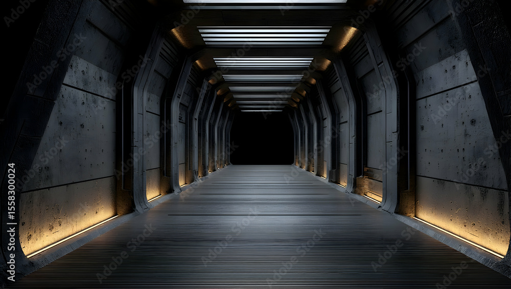 Poster futuristic corridor with metallic walls and ambient lighting, creating a mysterious and high-tech at