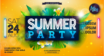 Summer Party Banner Design Template with Glowing Neon Light on Fluorescent Tropic Leaves Background. Vector Summer Celebration Holiday Illustration for Banner, Flyer, Invitation or Celebration Poster.