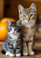 Obraz premium Two adorable cats sit together, showcasing their unique personalities and playful expressions in a warm, cozy setting.