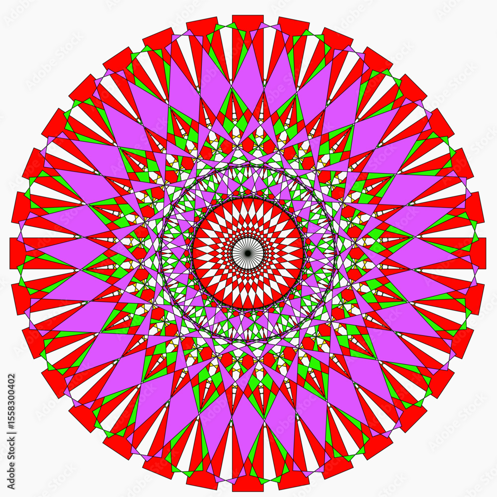 Poster a bright geometric mandala with a multi-colored pattern. the symmetrical design radiates energy and 