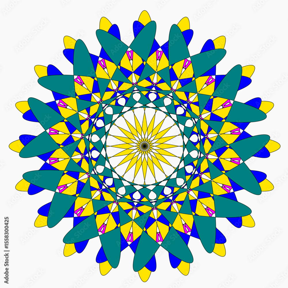 Poster a bright geometric mandala with a multi-colored pattern. the symmetrical design radiates energy and 