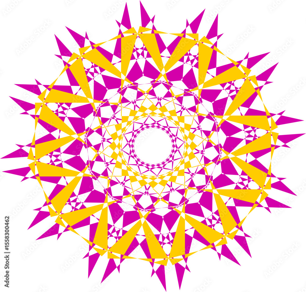 Poster a bright geometric mandala with a multi-colored pattern. the symmetrical design radiates energy and 