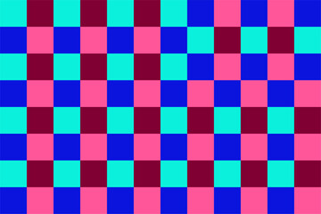 A lively geometric pattern featuring a checkerboard grid of pink, blue, teal, and maroon squares. The vivid colors and clean lines create a rhythmic, eye-catching visual experience.
