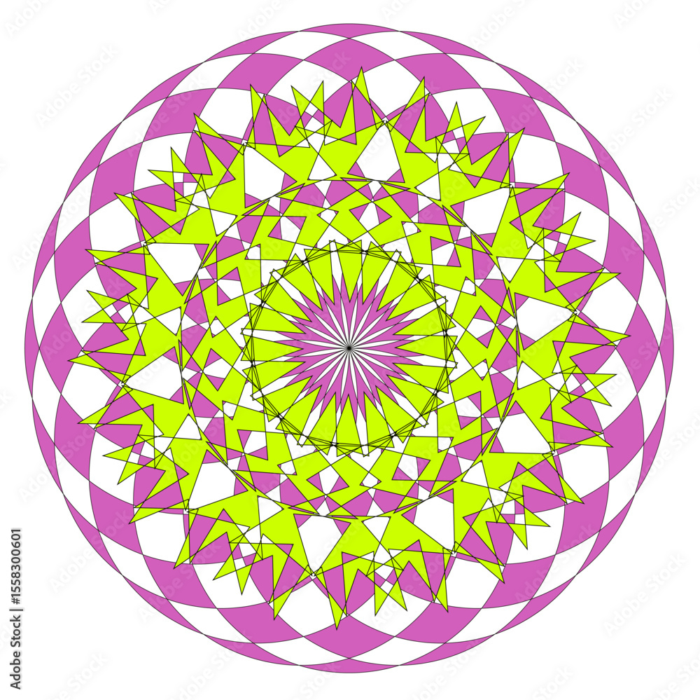 Poster a bright geometric mandala with a multi-colored pattern. the symmetrical design radiates energy and 