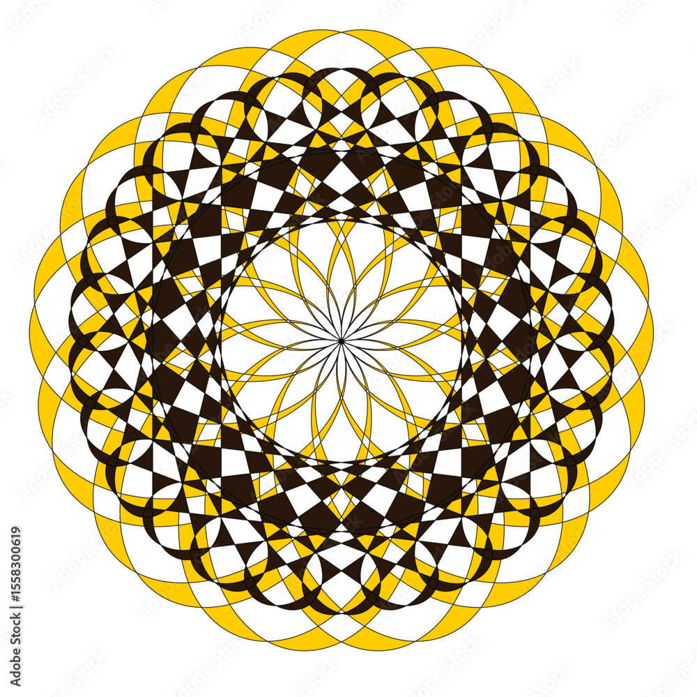 Poster a bright geometric mandala with a multi-colored pattern. the symmetrical design radiates energy and 