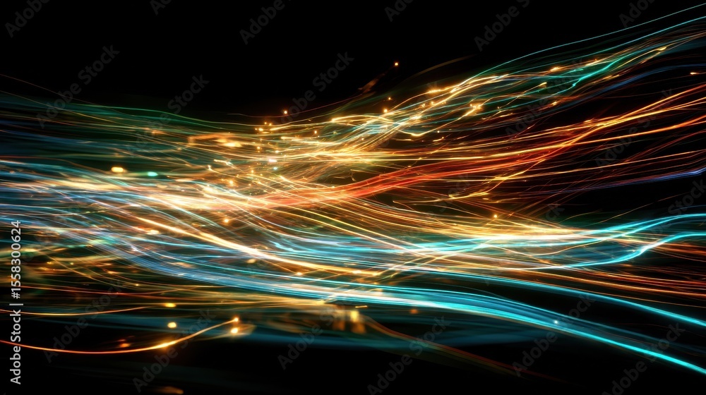 Poster dynamic, colorful light trails creating abstract patterns on a dark background, symbolizing motion, 