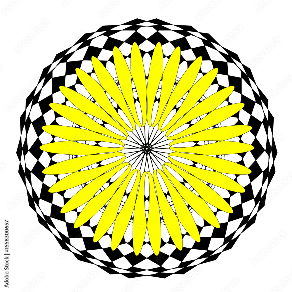 Poster a bright geometric mandala with a multi-colored pattern. the symmetrical design radiates energy and 