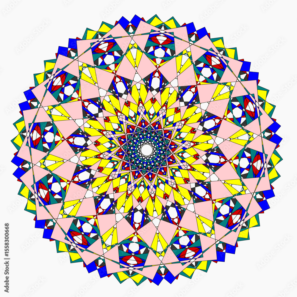 Poster a bright geometric mandala with a multi-colored pattern. the symmetrical design radiates energy and 