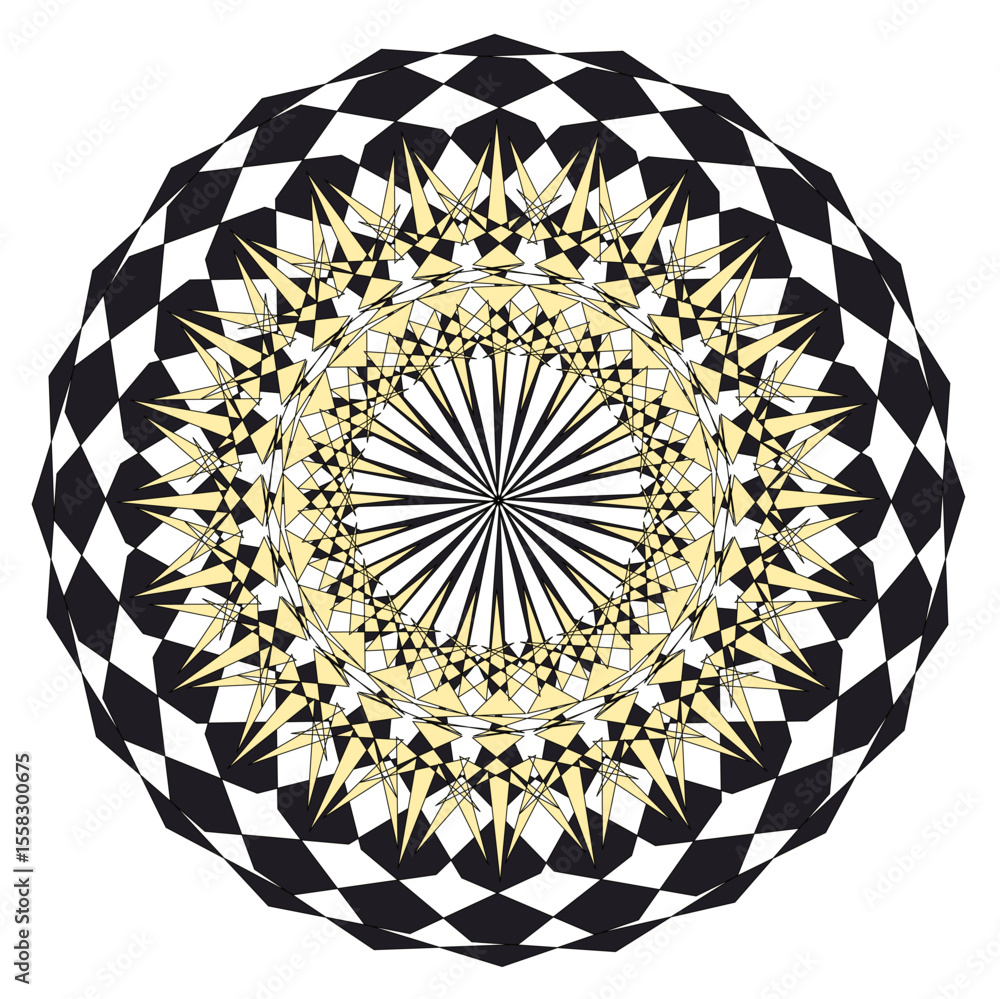 Poster a bright geometric mandala with a multi-colored pattern. the symmetrical design radiates energy and 