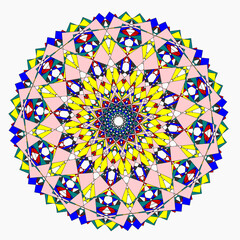 A bright geometric mandala with a multi-colored pattern. The symmetrical design radiates energy and harmony, combining sharp angles with flowing curves in a kaleidoscope of colors.
