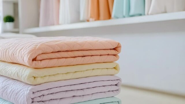 A stack of neatly folded pastel-colored blankets displayed in a store.