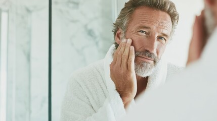 Mature male applying anti aging skincare product, examining facial features near bathroom mirror, emphasizing personal grooming and wellness