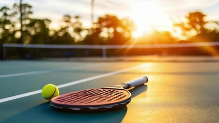A tennis racket and a tennis ball on a court with a sunset in the background. - Powered by Adobe