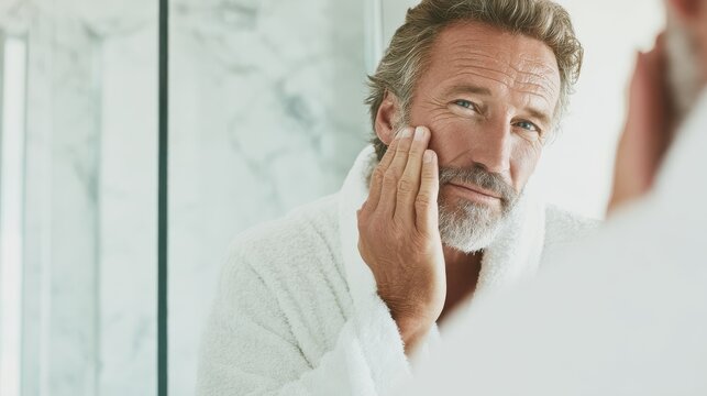 Mature male applying anti aging skincare product, examining facial features near bathroom mirror, emphasizing personal grooming and wellness