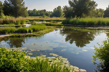 Constructed wetland system purifying wastewater with aquatic plants