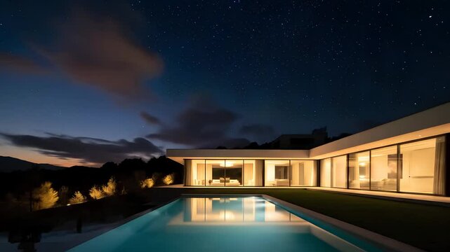 Modern luxury villa at sunset with swimming pool and panoramic views