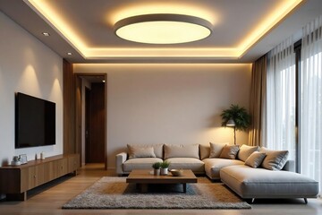 Modern Ceiling Light Fixture Illuminates Minimalist Living Room, Creating Bright Ambient Lighting for Contemporary Homes