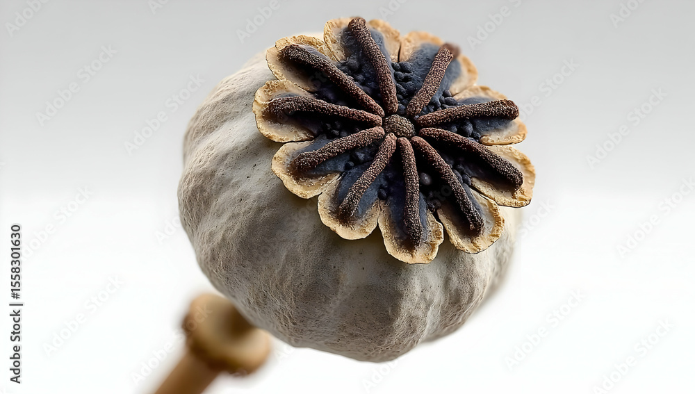 Poster close-up of a dried seed pod showcasing intricate patterns and textures, perfect for botanical or ar