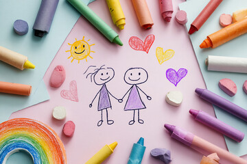 Children’s friendship doodle flatlay: crayons, smiling sun, stick figures holding hands, paper hearts, rainbow drawing, scattered art supplies on pastel background, overhead composition