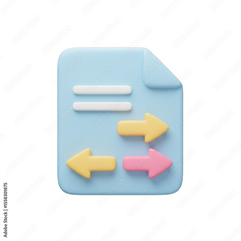 Poster 3d document with arrows showing data transfer or workflow isolated on transparent background