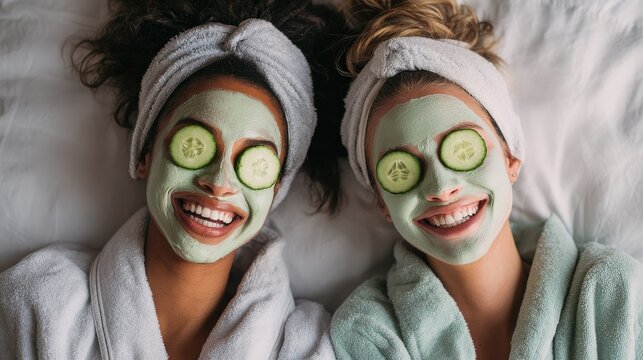Friends wearing facial masks, lounging with cucumber slices on their eyes, and laughing during a homemade spa day